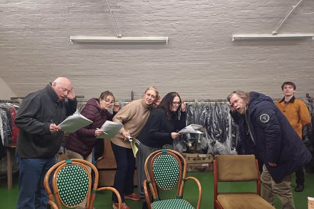 Some of the cast in rehearsal for Clue: On Stage (The Archway Theatre, Horley, Surrey; 30 April to 10 May 2025)