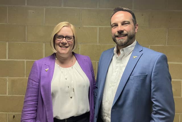 Zoe Franklin and husband Chris arriving at the Guildford election count. (Credit: Emily Dalton/LDRS)