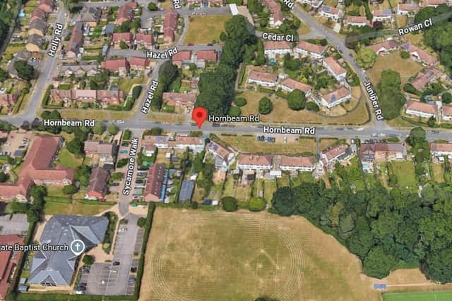 The collision occurred on Hornbeam Road between the driver of a silver Mercedes and a pedestrian. Picture courtesy of Google