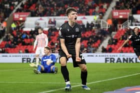 Andrew Moran of Blackburn Rovers celebrates after scoring the team's second goal during the Sky Bet Championship match between Stoke City and Blackburn Rovers at Bet365 Stadium on November 25, 2023 in Stoke on Trent, England. (Photo by Jess Hornby/Getty Images)
