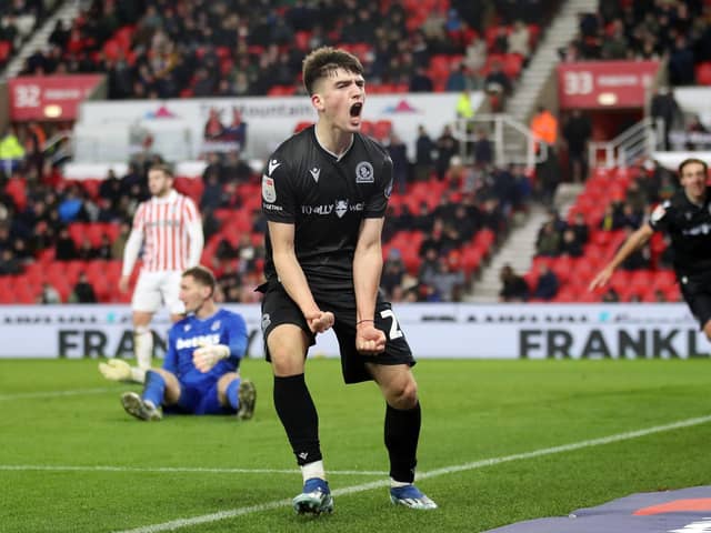 Andrew Moran of Blackburn Rovers celebrates after scoring the team's second goal during the Sky Bet Championship match between Stoke City and Blackburn Rovers at Bet365 Stadium on November 25, 2023 in Stoke on Trent, England. (Photo by Jess Hornby/Getty Images)