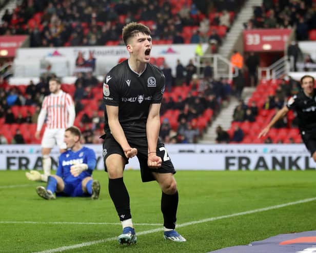 Andrew Moran of Blackburn Rovers celebrates after scoring the team's second goal during the Sky Bet Championship match between Stoke City and Blackburn Rovers at Bet365 Stadium on November 25, 2023 in Stoke on Trent, England. (Photo by Jess Hornby/Getty Images)