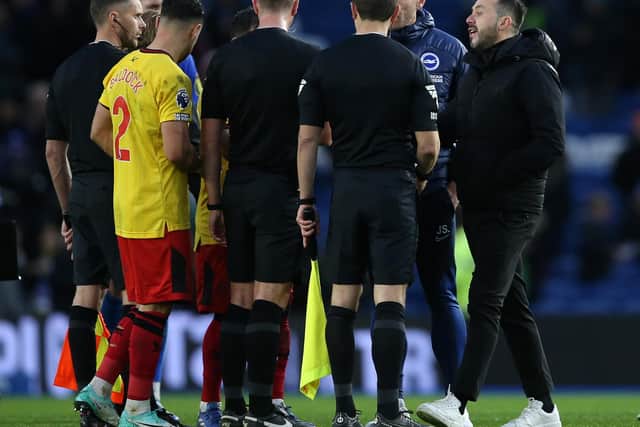 Roberto De Zerbi made his feelings clear in conversation with referee John Brooks after Brighton & Hove Albion were held to a draw by Sheffield United. (Photo by Steve Bardens/Getty Images)