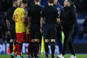 Roberto De Zerbi made his feelings clear in conversation with referee John Brooks after Brighton & Hove Albion were held to a draw by Sheffield United. (Photo by Steve Bardens/Getty Images)