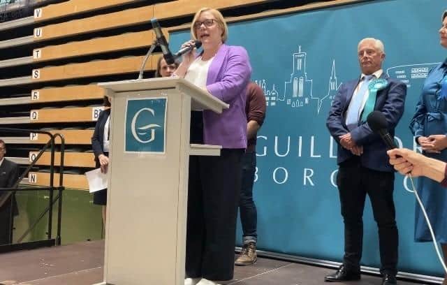 Zöe Franklin, the new MP for Guildford, making her acceptance speech at Guildford Spectrum Leisure Centre. (Credit: Emily Dalton/LDRS)