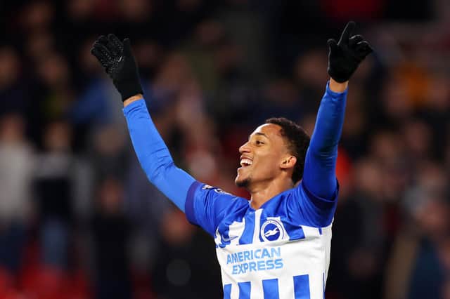 Joao Pedro of Brighton & Hove Albion celebrates during the Premier League match between Nottingham Forest and Brighton & Hove Albion at City Ground on November 25, 2023 in Nottingham, England. (Photo by Marc Atkins/Getty Images)