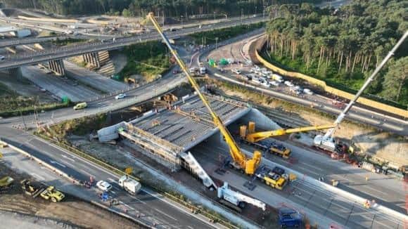 National Highways closed the M25 – between junctions 10 (A3 Wisley) and 11 (Chertsey) – for the construction and installation of a bridge on the western gyratory of the roundabout at Junction 10, and two overhead gantries. Photo: National Highways