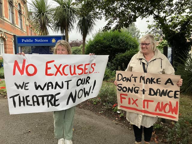 Jan And Christie Showing Support for the Harlequin Theatre, Outside Reigate And Banstead Town Council. (Credit Emily Dalton/LDRS)