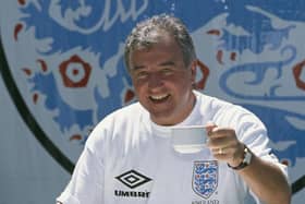 Manager Terry Venables holding a cup of tea at a training session of the England national football team at the Bisham Abbey sports centre in Berkshire, 4th June 1996. (Photo by Phil Cole/Getty Images)