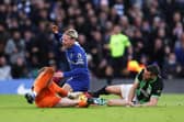 Mykhaylo Mudryk of Chelsea is fouled by James Milner of Brighton & Hove Albion, leading to a penalty awarded to Chelsea FC during the Premier League match between Chelsea FC and Brighton & Hove Albion at Stamford Bridge on December 03, 2023 in London, England. (Photo by Alex Pantling/Getty Images)
