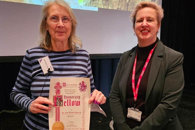 Jane Wilson-Howarth (left) awarded the Nescot Honorary Fellowship Award by Julie Kapsalis, Nescot Principal and CEO (right).