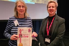 Jane Wilson-Howarth (left) awarded the Nescot Honorary Fellowship Award by Julie Kapsalis, Nescot Principal and CEO (right).