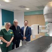 Radiotherapy Trial Pic caption L-R: Radiographer Kate Maltby, Michael Robson, Dr Philip Turner. Picture: submitted