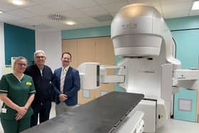 Radiotherapy Trial Pic caption L-R: Radiographer Kate Maltby, Michael Robson, Dr Philip Turner. Picture: submitted