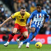 Ansu Fati is challenged by Jack Robinson of Sheffield United during the Premier League match between Brighton & Hove Albion and Sheffield United at American Express Community Stadium on November 12, 2023 in Brighton, England. (Photo by Steve Bardens/Getty Images)