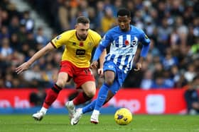 Ansu Fati is challenged by Jack Robinson of Sheffield United during the Premier League match between Brighton & Hove Albion and Sheffield United at American Express Community Stadium on November 12, 2023 in Brighton, England. (Photo by Steve Bardens/Getty Images)