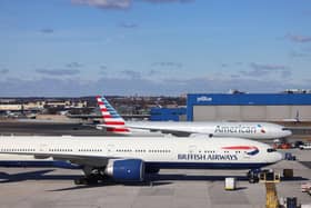 Boeing 777 passengers aircrafts of American Airlines and British Airways are seen at John F. Kennedy Airport on January 8, 2024. (Photo by Charly TRIBALLEAU / AFP) (Photo by CHARLY TRIBALLEAU/AFP via Getty Images)
