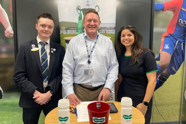 Davinia Hadley, practice manager at Specsavers Dorking, with optical advisor Fletcher O'Riordan and BBC Surrey sports editor Tim Durrans at the latest Specsavers Surrey Senior Cup draw in January 2025