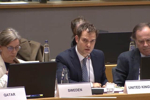 Middle East Minister Hamish Falconer at the Syria Pledging Conference announcing up to £160 million in UK Government aid to help stabilise Syria following the fall of the Assad regime