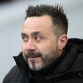 Roberto De Zerbi, Manager of Brighton & Hove Albion, looks on prior to the Premier League match between Brighton & Hove Albion and Sheffield United at American Express Community Stadium on November 12, 2023 in Brighton, England. (Photo by Steve Bardens/Getty Images)