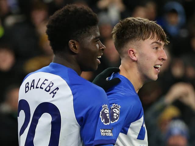 Jack Hinshelwood of Brighton & Hove Albion celebrates scoring his team's second goal with teammate Carlos Baleba during the Premier League match between Brighton & Hove Albion and Brentford FC at American Express Community Stadium on December 06, 2023 in Brighton, England. (Photo by Steve Bardens/Getty Images)