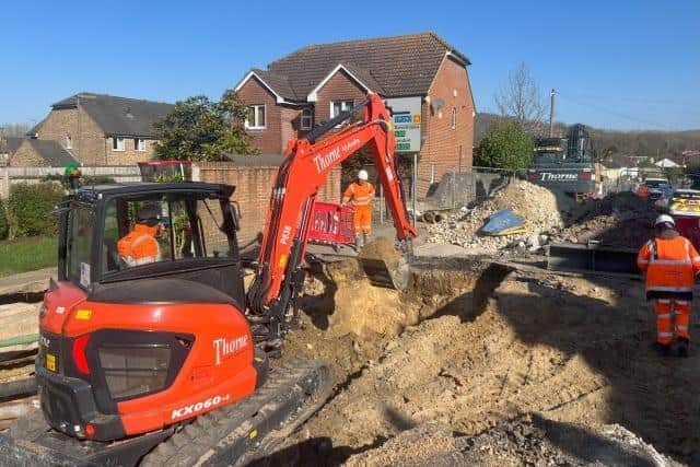 Detailed investigations continue at the road collapse in Godstone High Street. Picture courtesy of Surrey County Council
