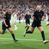 GENEVA, SWITZERLAND - JULY 22: Chloe Kelly of England celebrates scoring her team's second goal during the UEFA Women's EURO 2025 Semi-Final match between England and Italy at Stade de Geneve on July 22, 2025 in Geneva, Switzerland. (Photo by Eddie Keogh/Getty Images)