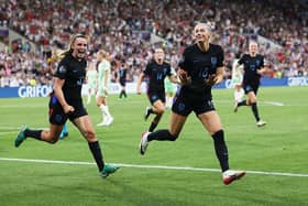 GENEVA, SWITZERLAND - JULY 22: Chloe Kelly of England celebrates scoring her team's second goal during the UEFA Women's EURO 2025 Semi-Final match between England and Italy at Stade de Geneve on July 22, 2025 in Geneva, Switzerland. (Photo by Eddie Keogh/Getty Images)