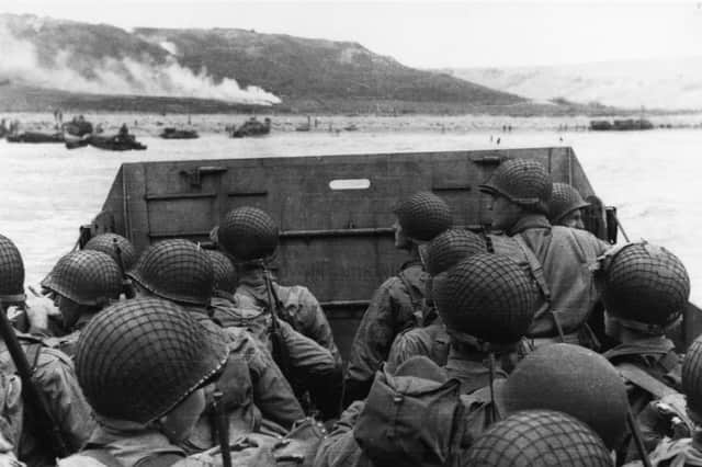 A landing craft approaching Omaha Beach on D-Day, June 6 1944, a scene that the film Saving Private Ryan re-created.