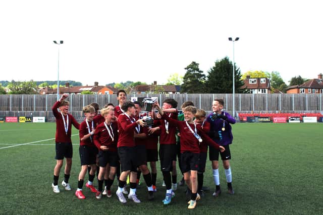 The Beacon School U-13 Boys Football Team Celebrate Winning the Surrey Cup