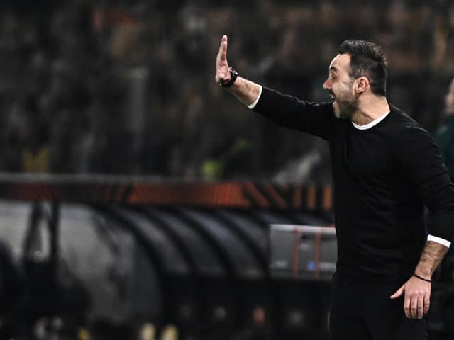 Brighton's Italian head coach Roberto De Zerbi reacts during the UEFA Europa League Group B football match between AEK Athens FC and Brighton and Hove Albion FC at the Agia Sophia Stadium in Athens on November 30, 2023. (Photo by Angelos TZORTZINIS / AFP) (Photo by ANGELOS TZORTZINIS/AFP via Getty Images)