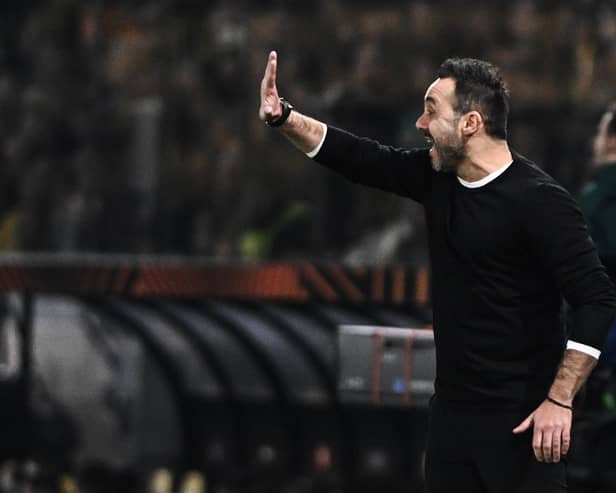Brighton's Italian head coach Roberto De Zerbi reacts during the UEFA Europa League Group B football match between AEK Athens FC and Brighton and Hove Albion FC at the Agia Sophia Stadium in Athens on November 30, 2023. (Photo by Angelos TZORTZINIS / AFP) (Photo by ANGELOS TZORTZINIS/AFP via Getty Images)