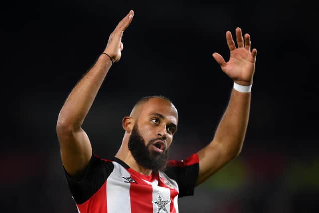 Bryan Mbeumo of Brentford reacts during the Premier League match between Brentford FC and Arsenal FC at Gtech Community Stadium on November 25, 2023 in Brentford, England. (Photo by Justin Setterfield/Getty Images)