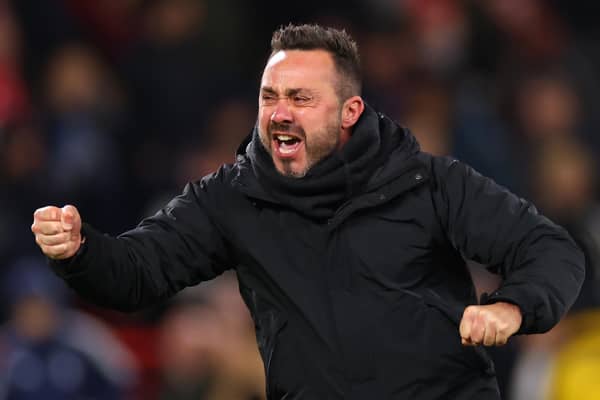 Roberto De Zerbi, Manager of Brighton & Hove Albion, celebrates following the team's victory during the Premier League match between Nottingham Forest and Brighton & Hove Albion at City Ground on November 25, 2023 in Nottingham, England. (Photo by Marc Atkins/Getty Images)