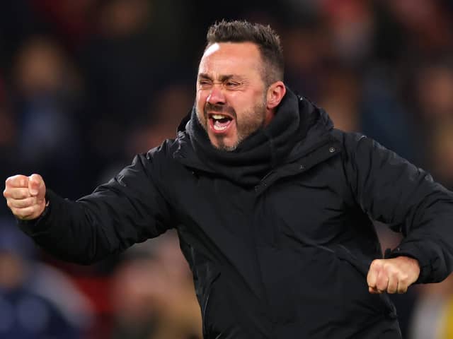 Roberto De Zerbi, Manager of Brighton & Hove Albion, celebrates following the team's victory during the Premier League match between Nottingham Forest and Brighton & Hove Albion at City Ground on November 25, 2023 in Nottingham, England. (Photo by Marc Atkins/Getty Images)