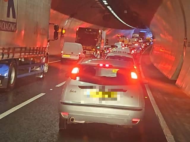 Queueing traffic has been reported for one mile, including through the Southwick tunnel, after the collision just past Mile Oak. Photo contributed