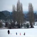 Family play on snow covered hill.