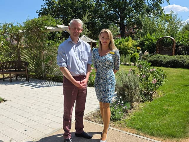 Will Forster with Home Manager, Simona Varga-Pali, discussing life at Charrington Manor